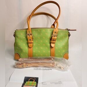 Dooney & Bourke Monogram Satchel – Lime Green & Tan Leather with COA